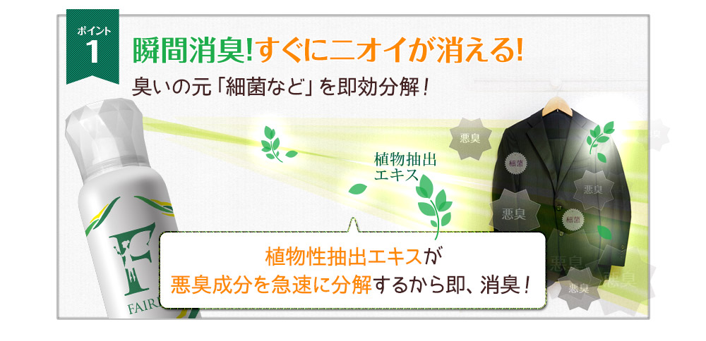 瞬間脱臭！すぐにニオイが消える！臭いの元「細菌など」を即効分解！